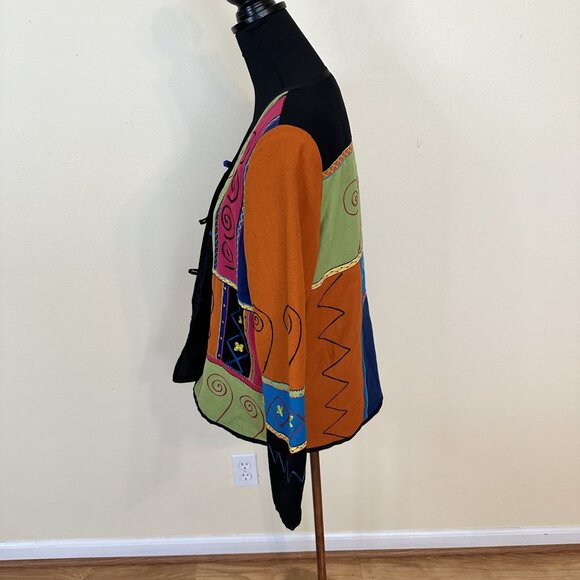 Womens Colorful Geometric Patchwork Jacket Button Up V Neck Long Sleeves Small - Picture 3 of 6